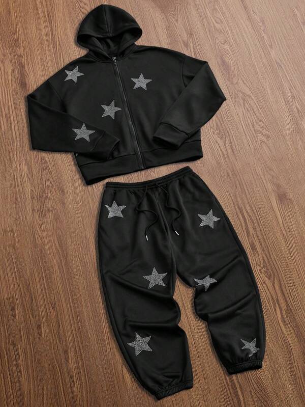 Manfinity VCAY 2 stuks gebreide casual losse open voorkant lange mouwen sweatshirt voor heren en elastische taille rechte pijp broekset