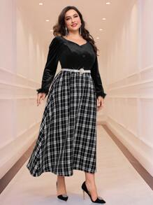 Modelyn 大码女式格子拼接毛绒袖口优雅 A 字中长连衣裙，秋季