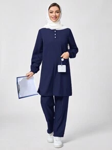 TaskEZ Conjunto de uniforme de enfermería de 2 piezas en color azul compuesto por camisa de manga larga con botones delanteros y bolsillo, y pantalón liso - Azul Marino - Ver 6