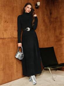 MOTF PREMIUM SOLID HIGH NECK FLARE HEM SWEATER DRESS WITH BUCKLE BELT