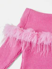 SHEIN Teen Girls Long Pink Off Shoulder Fuzzy Patchwork Sweater Dress For Teen Girls