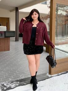 Dazy Plus Plus Size Front Button Crew Neck Fitted Burgundy Cardigan Fall,Winter - Burgundy - View 4