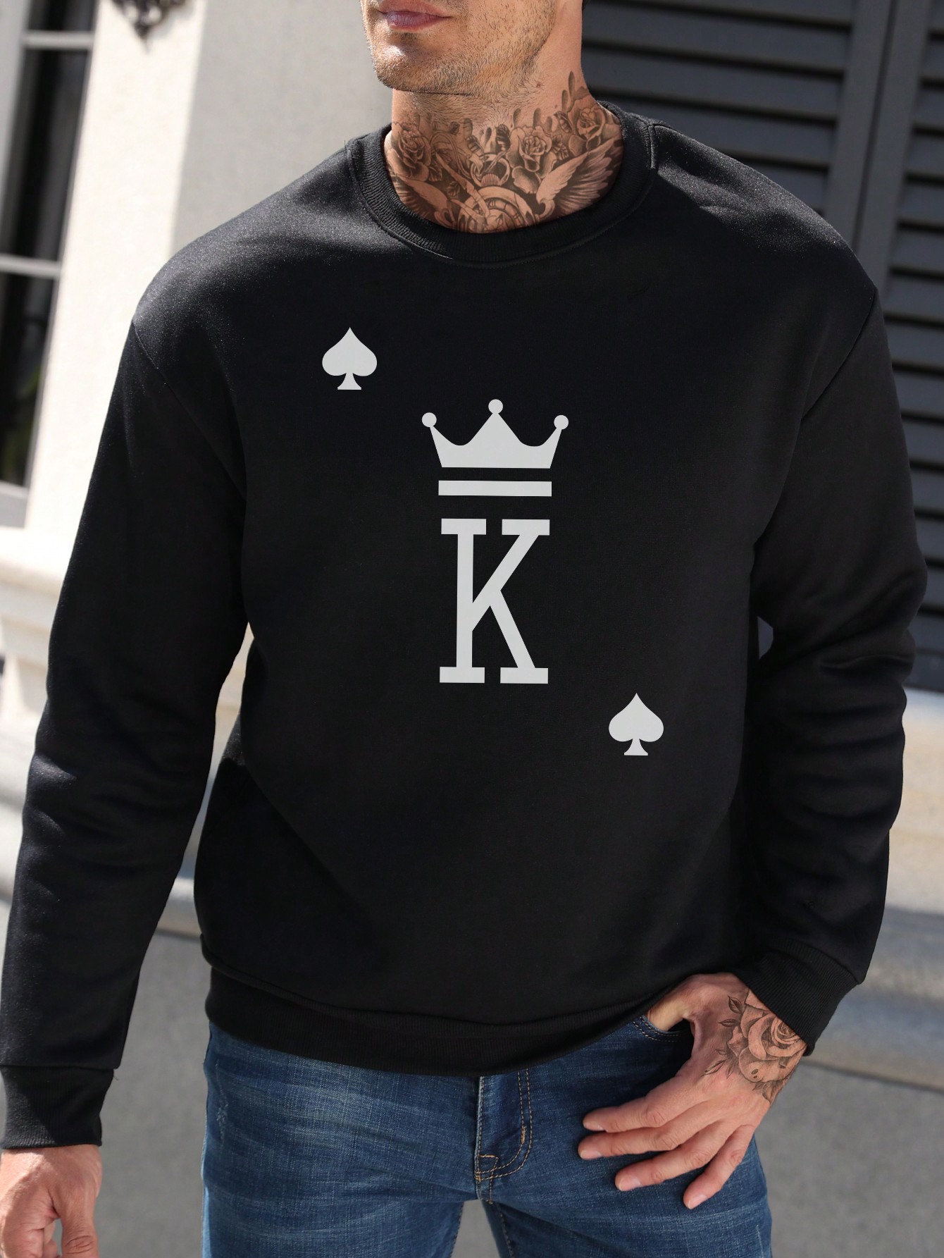 Manfinity Dauomo Men Casual Wild Playing Card Print Round Neck Sweatshirt
