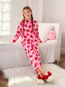 SHEIN Tween Girls 2pcs/Set Soft Cozy Double-Sided Flannel Cartoon Lip Print Long Sleeve Sweatshirt And Pants Pajama Set, Autumn/Winter - Pink - View 5