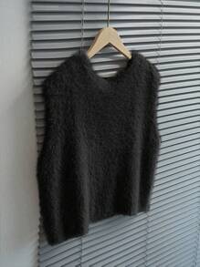 SHEIN ChicEase 女士 V 领仿貂皮毛衣背心，秋冬季休闲外套 - 黑色 - 查看 2