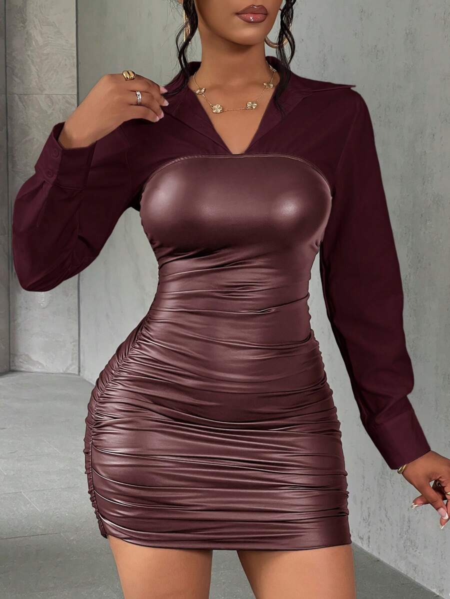 Slaydiva Sexy Street Girl High-End PU Leather Patchwork Shirt 2 In 1 Women's Mini Dress - Brown - View 1
