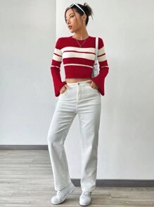 SHEIN Unity 女士休闲拼色条纹喇叭袖短款毛衣，秋冬新年服装 - 紅色 - 查看 3