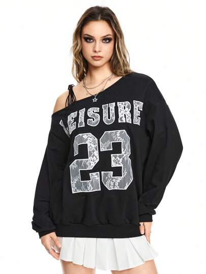 1 Stück Damen amerikanischer Sportsstil Y2K Spitzen Buchstaben Stickerei asymmetrisches Schulter Knotentop, 100% Baumwolle