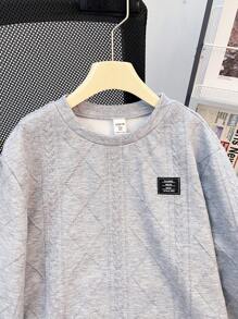 SHEIN Teen Boys' Casual Loose Fit Comfortable All-Match Style Woven Label Decoration Long Sleeve Crew Neck Top