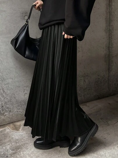 FRIFUL 女士优雅纯色黑色褶皱长裙，返校服装秋冬