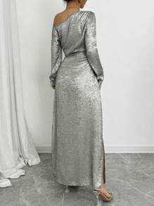 Chiquease Đầm Maxi Tay Dài Thanh Lịch Xiên Vai Vàng Cho Nữ Trang Phục Nữ - Bạc - Xem 2