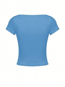 SHEIN Unity 素色褶邊T恤 - 藍色 - 查看 2