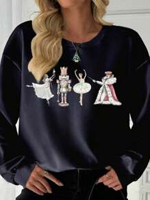 Áo nỉ chui đầu in chữ và họa tiết thường ngày cho bé gái tuổi mới lớn, Thu/Đông - Màu xanh hải quân - Xem 2