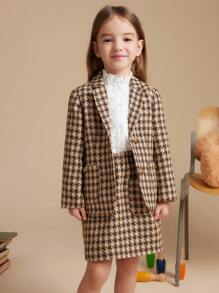 PrepCrw 年轻女孩学院风棕色千鸟格编织修身单排扣夹克，秋冬款