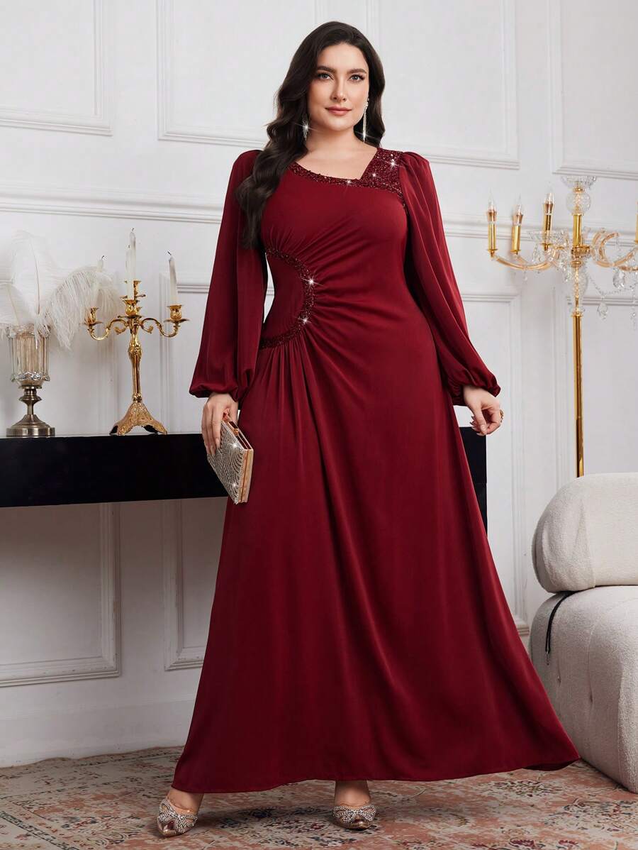 Modelyn Váy dài tay thanh lịch cổ bẻ xếp nếp màu trơn cỡ lớn cho Giáng sinh, Váy đỏ tía cỡ lớn, Váy thanh lịch cỡ lớn, Váy dạ hội dài màu đỏ cỡ lớn - Màu Đỏ Sâu - Xem 1