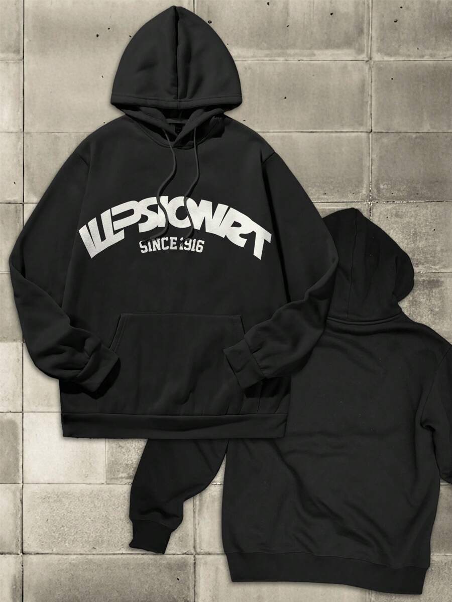 Manfinity Homme Áo nỉ có mũ trùm đầu in chữ dài tay có dây rút cho nam, mùa thu/đông - màu đen - Xem 1