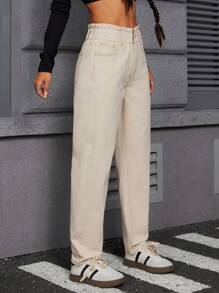 INAWLY Women's Solid Color Paper Bag Waist Pocket Casual Versatile Jeans - Khaki - View 5