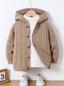1 pezzo Cardigan con cappuccio rilassato, da ragazzi, in maglia a coste, tinta unita color cachi, adatto per viaggi, scuola, uso quotidiano, stagione autunno/inverno