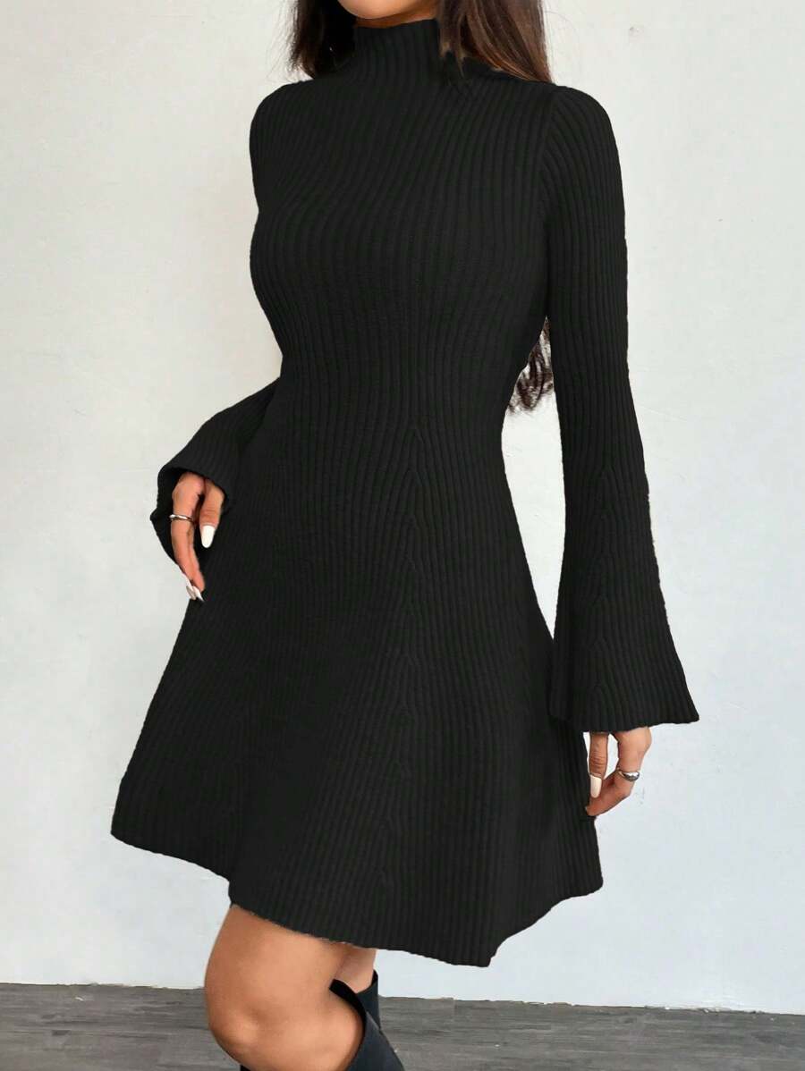 Chiquease 女士纯色高领长袖优雅毛衣裙，秋冬 - 黑色 - 查看 1
