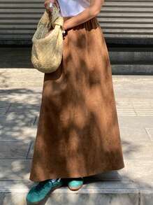DAZY 女式 A 字型绒面革半身裙，中腰，松紧腰带，纯色，秋冬 - 棕色 - 查看 8
