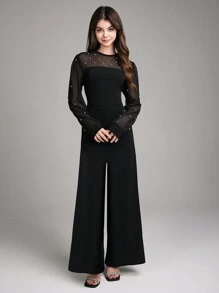 Teen Girl Elegant Party Prom Faux Pearl & Mesh Contrast Jumpsuit