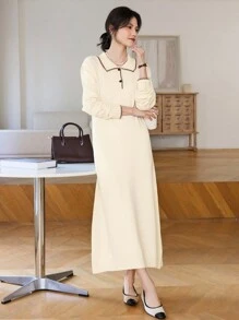 DAZY 女式拼色 Polo 领长袖休闲毛衣连衣裙，秋季服装 - 杏色 - 查看 5