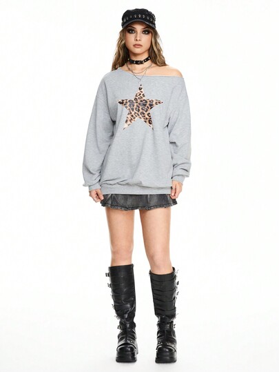 Grunge Punk Sweatshirt ample en mélange de coton avec imprimé léopard et étoiles à épaule oblique pour femmes