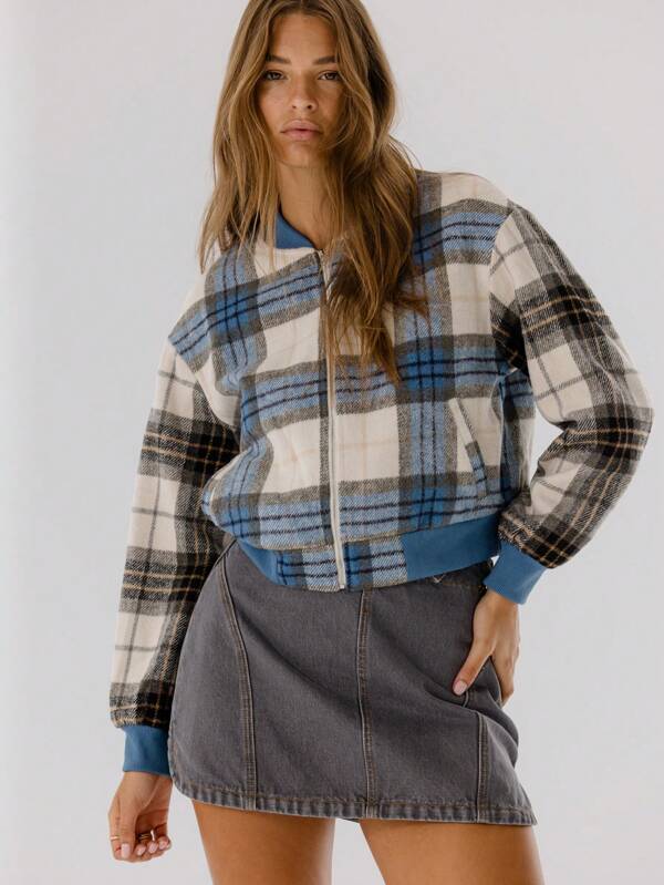 Aralina Classic Plaid Patterned Zip Up Ribbed Collar Cuffed Sleeve Bomber Cardigan