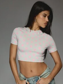 Missguided x Playboy All Over Bunny Print Short Raglan Sleeves Round Neck Crop Fitted T-Shirt - Multicolor - View 3