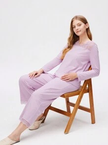 LUVLETTE 柔软紫色棉质 V 领蕾丝优雅饰边上衣和长裤家居服女士睡衣套装女士休闲套装内衣 - 淡紫色 - 查看 8