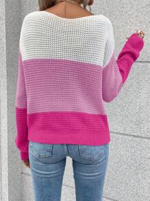 SHEIN LUNE 女士休闲撞色不对称领长袖毛衣，秋冬针织套头衫 - 彩色 - 查看 2