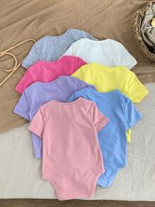 SHEIN LMoss Kids 7pcs/Set Newborn Baby Girl Cute Solid Color Knitted Bodysuit Set, Summer - Multicolor - View 2