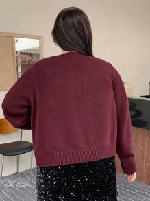 Dazy Plus Plus Size Front Button Crew Neck Fitted Burgundy Cardigan Fall,Winter - Burgundy - View 2