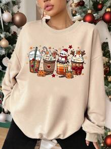 SHEIN EZwear Christmas Casual Gingerbread Man Minimalist Print Round Neck Loose Long Sleeve Sweatshirt For Women