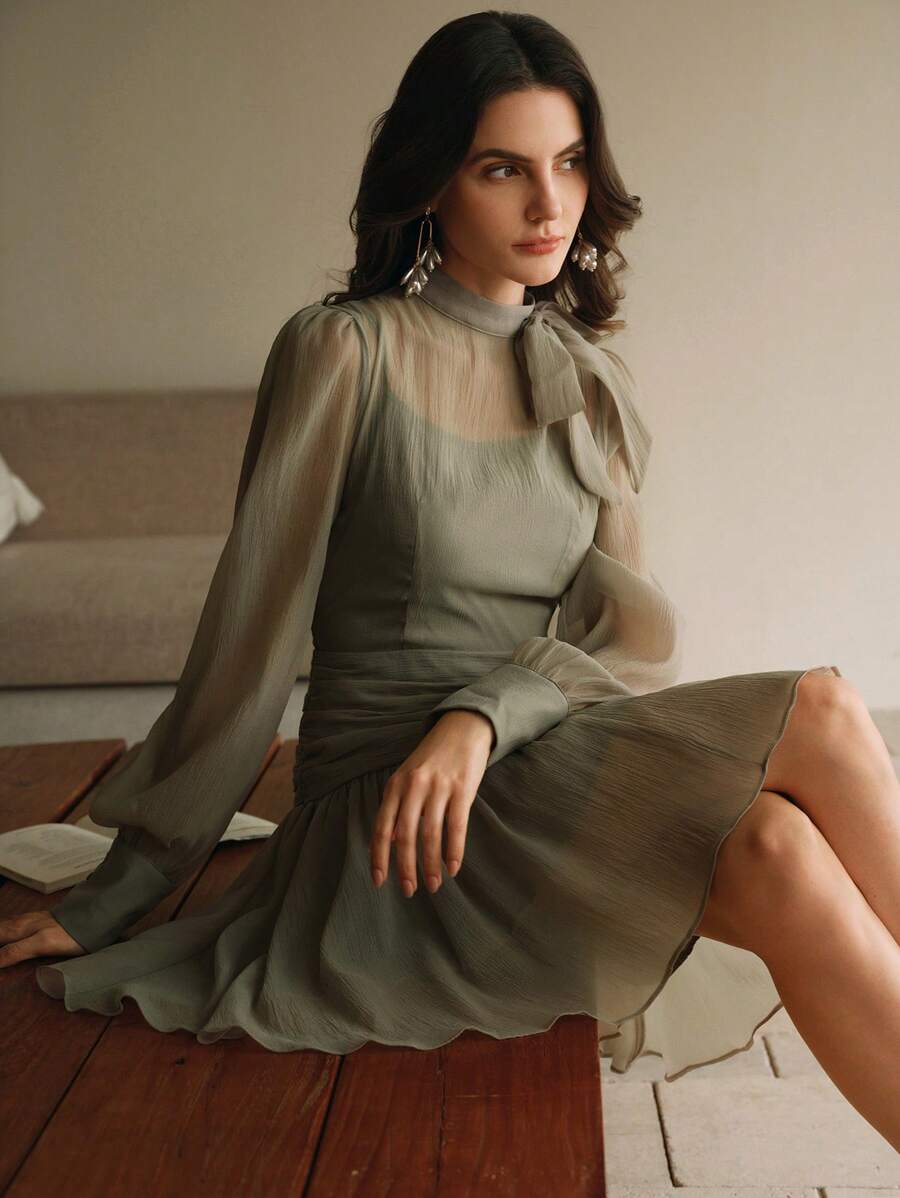 Anewsta 女士优雅法式复古宫廷风简约收腰短款连衣裙 - 橄欖綠 - 查看 1