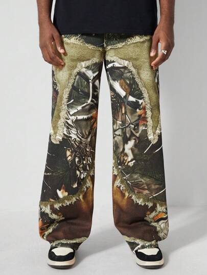 Street Life Jeans amples à jambe large avec imprimé camouflage de branche de bois mort pour hommes