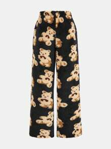 SHEIN Leap Crew Tween 女童黑色保暖内衬泰迪熊印花针织直筒阔腿裤，适合秋冬季、度假