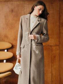 MOTF PREMIUM FAUX PEARL GRAPHIC PATTERN LAPEL COLLAR LONG OVERCOAT - Brown - View 6