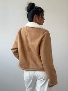 Aloruh Women's New Casual Velour Lapel Pocket Thickened Regular Jacket, Suitable For Daily Wear In Autumn/Winter - Khaki - View 2