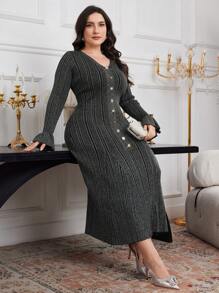 Modelyn Plus Size Elegant Striped Flared Sleeve Fishtail Sweater Dress, Autumn/Winter - Black - View 3