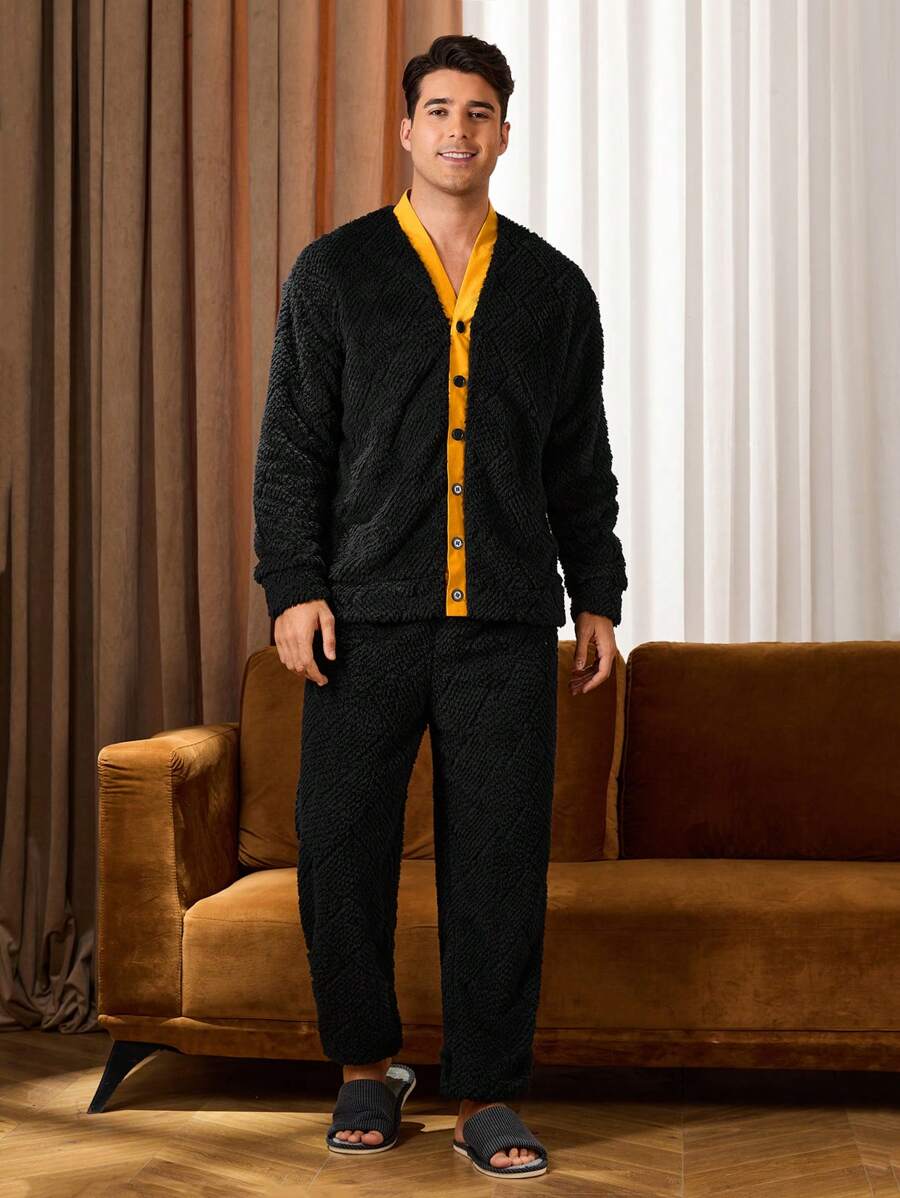 Men's Contrast Trim Button Front Shirt And Pants Lounge Pajama Set - Multicolor - View 1