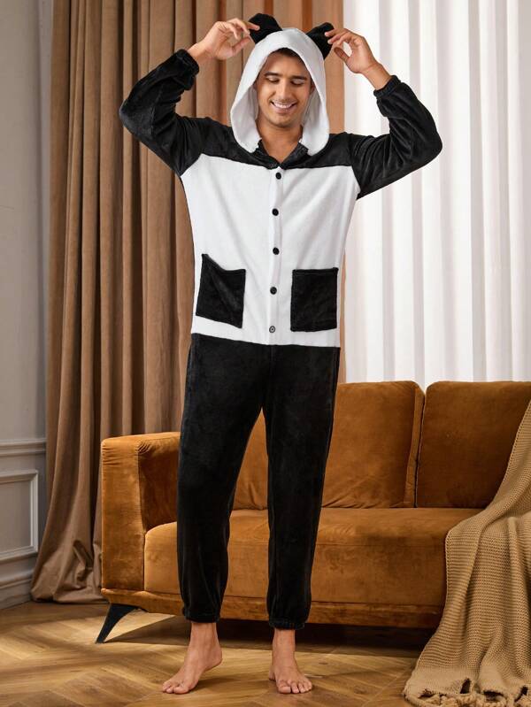 Herren Kontrast-Farbblock Kapuzen Jumpsuit