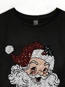 SHEIN EZwear Áo thun ôm dáng cổ tròn tay ngắn màu trơn in họa tiết Giáng sinh dành cho nữ ngoại cỡ, mùa hè Giáng sinh - màu đen - Xem 3