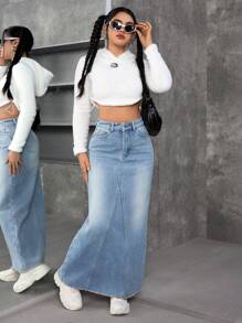 SHEIN EZwear 秋季休闲洗水长款牛仔裙