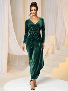 SHEIN Belle Đầm dạ hội trang trọng dài tay cổ chữ V xếp nếp chéo thanh lịch dành cho nữ, váy dạ hội, dành cho khách dự tiệc cưới, tốt nghiệp, tiệc tối, giáng sinh - Màu xanh lá cây đậm - Xem 5