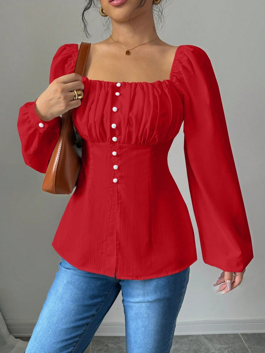 Chiquease 女士新款法式方领褶皱镂空细节开叉衬衫，适合新年衣服 - 紅色 - 查看 1
