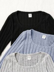 SHEIN Leap Crew 3pcs/Set Tween Girls' Solid Color Square Neck Fitted Casual Long Sleeve Tops - Baby Blue - View 3