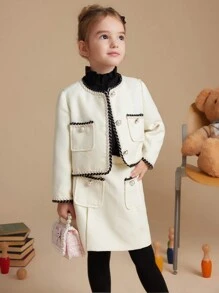 PrepCrw 年轻女孩学院风白色编织缎带装饰前按扣夹克，秋冬 - 白色 - 查看 5