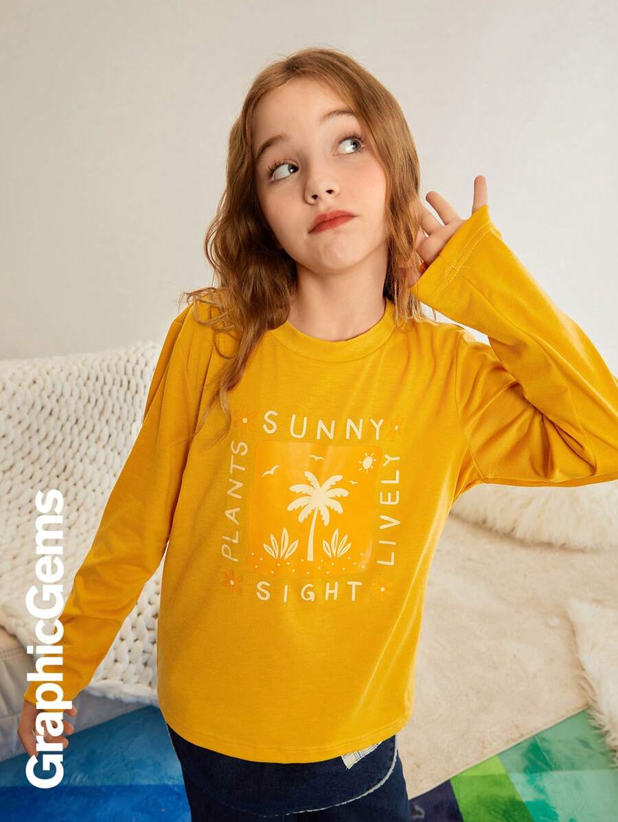 Tween 女童字母印花圆领长袖休闲宽松 T 恤，秋季 - 芥末黃 - 查看 1