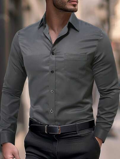 Manfinity Mode Camisa de manga larga de uso casual de oficina de un solo pecho con bolsillo de unicolor para hombres, otoño